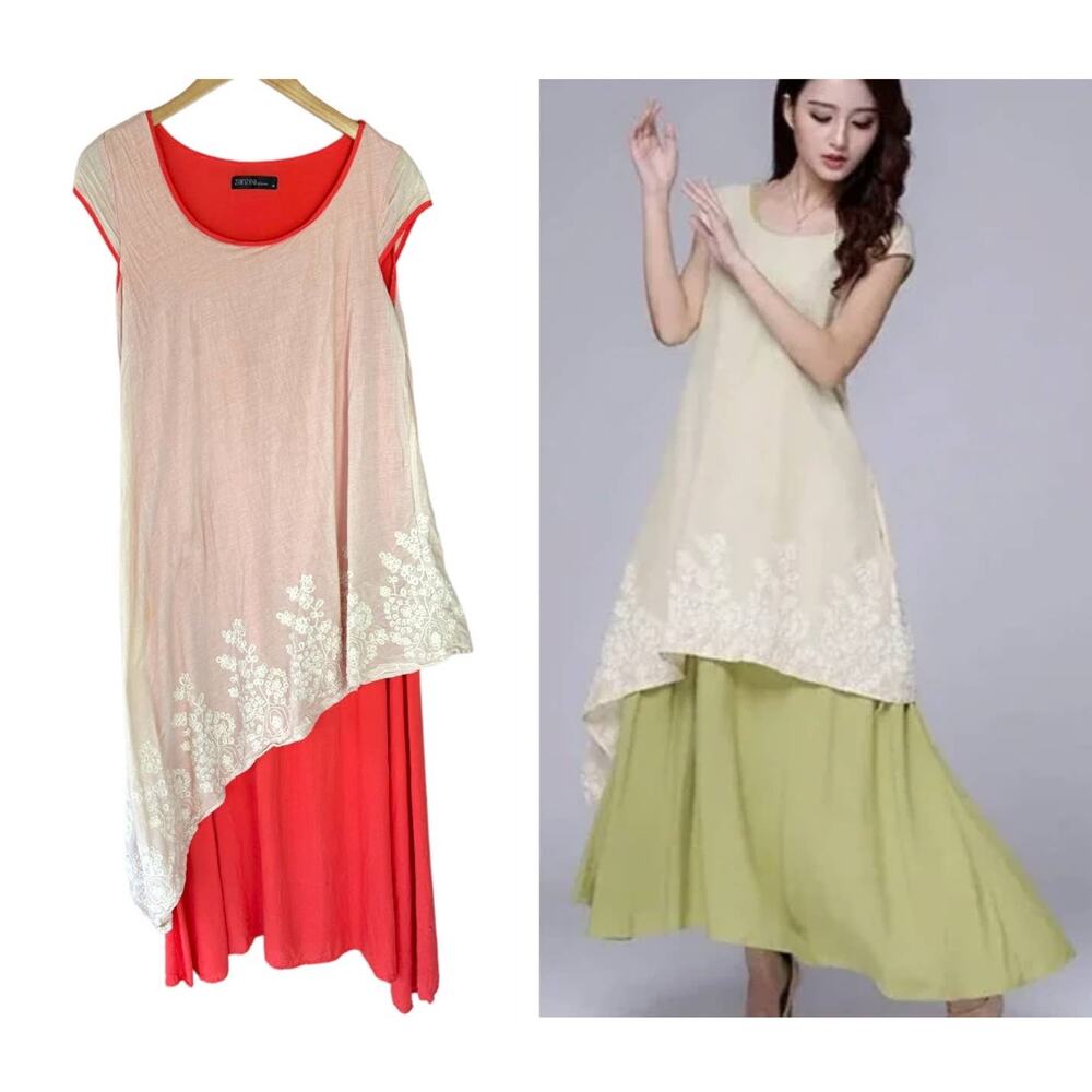 Zanzea Layered Tiered Boho Embroider Maxi Midi Dress M Lagenlook Minimalist
